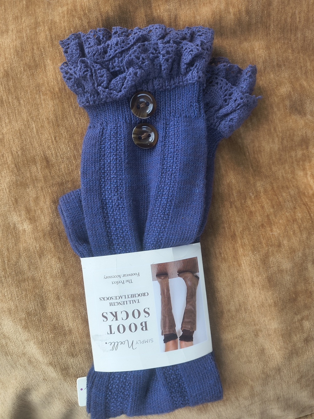 Simply Noelle Blue Knit Boot Socks with Crochet Trim and Buttons